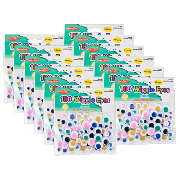 Creative Arts™ Wiggle Eyes, Round, Assorted Sizes & Colors, 100 Per Pack, 12 Packs