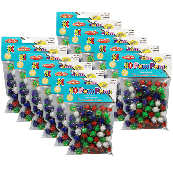 Pom-Poms 1/2", Assorted Glitter Colors, 80 Per Pack, 12 Packs