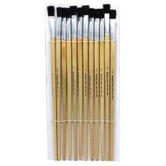 Flat Tip Easel Paint Brushes with Long Handle, 1/2", Natural Handles & Black Bristles, Pack of 12