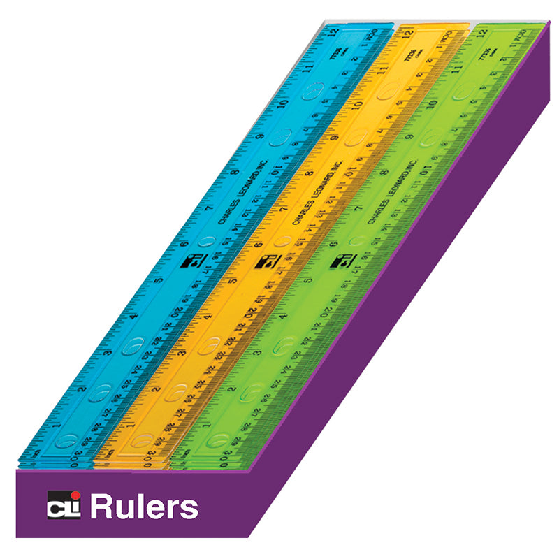 Plastic 12" Ruler, Flat, Translucent Assorted Colors, Pack of 36