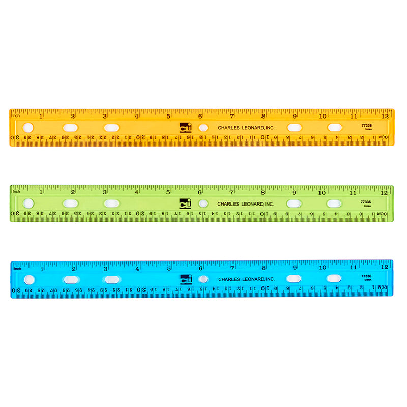 Double Bevel Plastic Flat Rulers, Translucent Assorted Colors, 12"