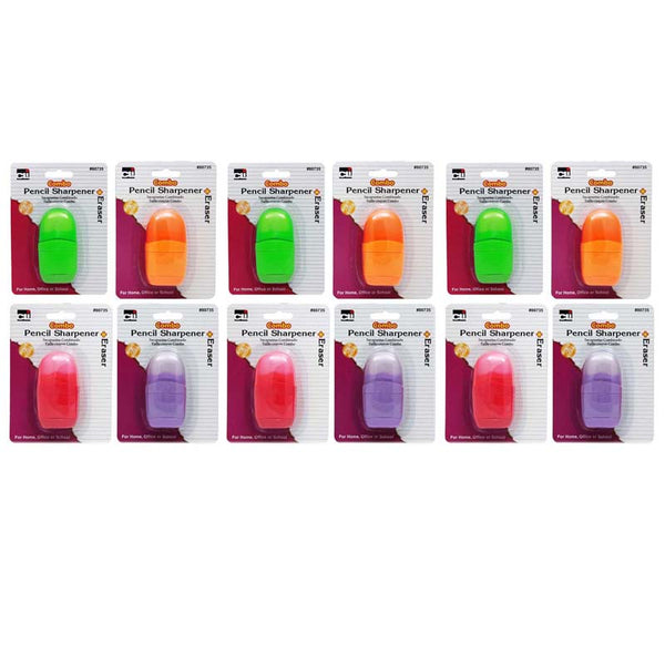 Pencil Sharpener/Eraser Combo - 1 Hole with Eraser, Plastic, with Receptacle, Assorted Colors, Pack of 12