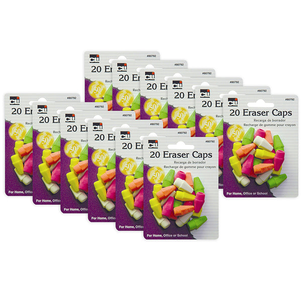 Pencil Eraser Caps, Assorted Neon Colors, 20 Per Pack, 12 Packs