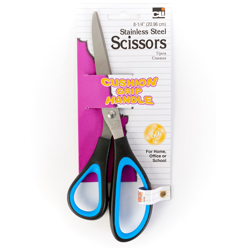 Stainless Steel Scissors with Cushion Grip Handle, 8-1/4" Straight, Blue/Black