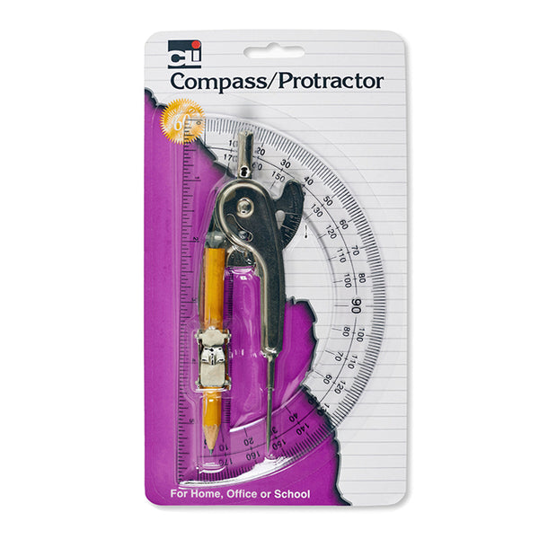 Ball Bearing Compass & 6 Inch Protractor Combo Set, Metal/Clear Plastic