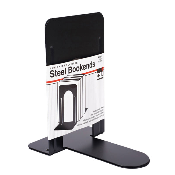 Bookends with Non-Skid Base, 9" Steel, Black, 1 Pair