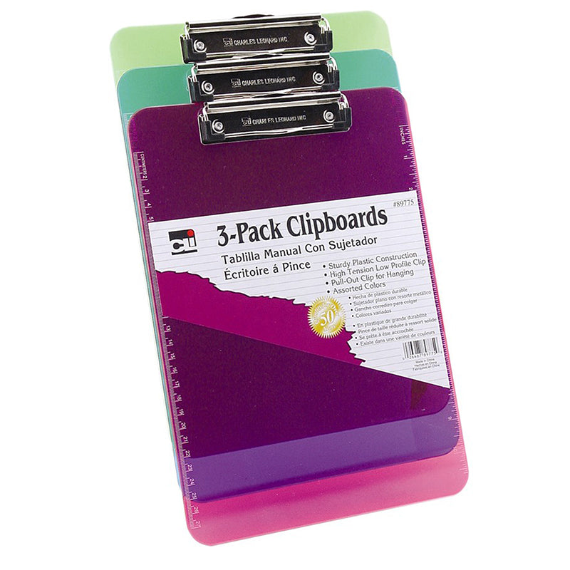 Plastic Clipboard w/Low Profile Clip, Letter, Assorted Translucent Neon Colors, Pack of 3