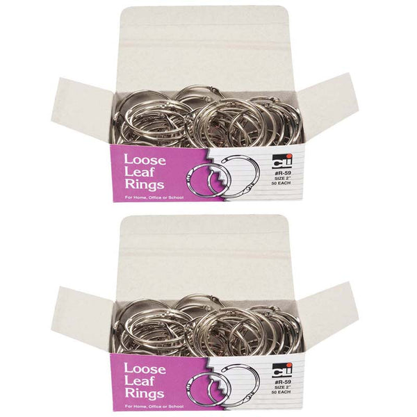 Loose Leaf Rings with Snap Closure, Nickel Plated, 2 Inch Diameter, 50 Per Box, 2 Boxes