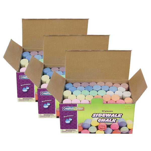 Sidewalk Chalk, Assorted Colors, 4", 37 Pieces Per Pack, 3 Packs