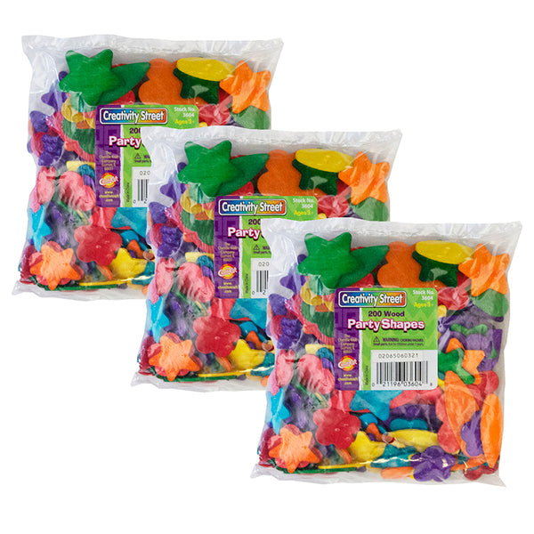 Wood Party Shapes, Assorted Colors, 1/2" to 2", 200 Per Pack, 3 Packs