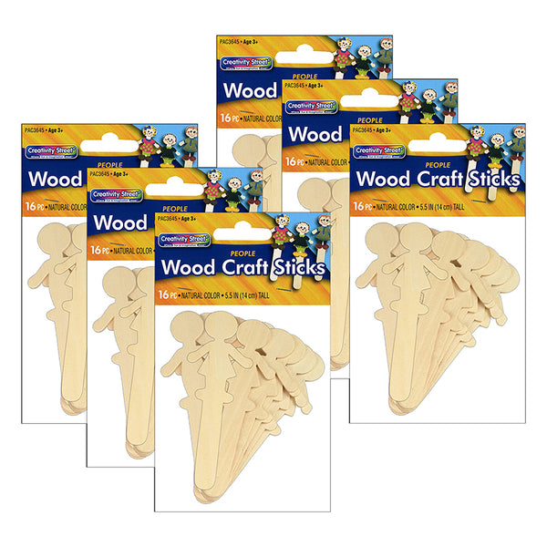 Natural Wood Craft Sticks, People, 5-1/2" Tall, 16 Per Pack, 6 Packs