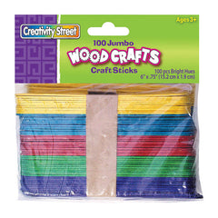 Jumbo Craft Sticks, Bright Hues Assorted, 6" x .75", 100 Pieces