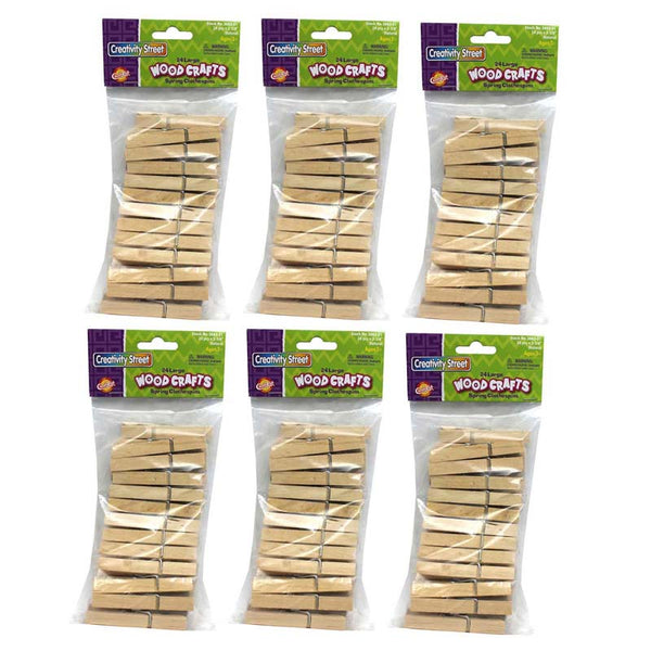 Spring Clothespins, Natural, Large, 2.75", 24 Per Pack, 6 Packs