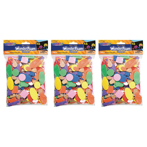 WonderFoam® Peel & Stick Shapes, Assorted Shapes, Colors & Sizes, 720 Pieces Per Pack, 3 Packs