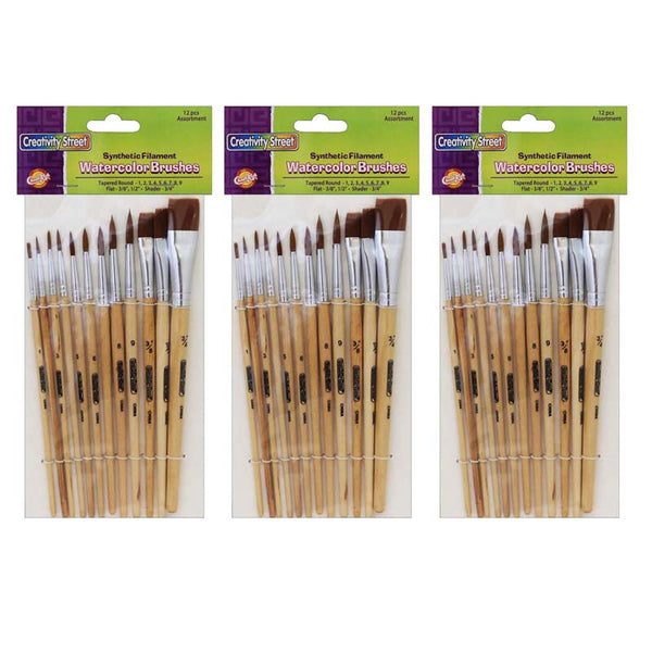 Watercolor Brushes, Assorted Sizes, 12 Per Set, 3 Sets