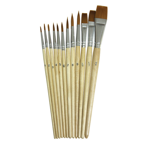 Watercolor Brush Assortment, Natural Wood, Assorted Sizes, 12 Brushes