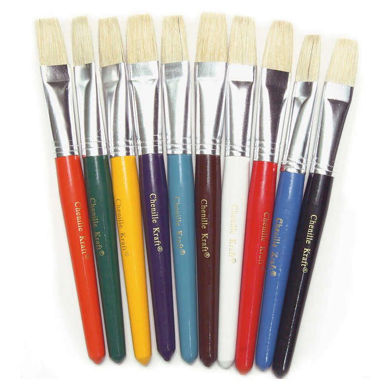 Beginner Paint Brushes, Flat Stubby Brushes, 10 Assorted Colors, 7.5" Long, 10 Brushes