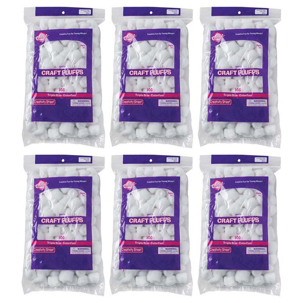 Triple Size Craft Fluffs, White, Approx. 1", 100 Pieces Per Pack, 6 Packs