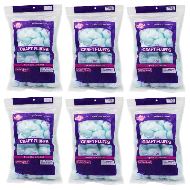 Triple Size Craft Fluffs, Blue, Approx. 1", 100 Pieces Per Pack, 6 Packs