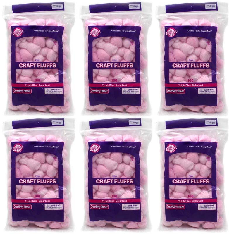 Triple Size Craft Fluffs, Pink, Approx. 1", 100 Pieces Per Pack, 6 Packs