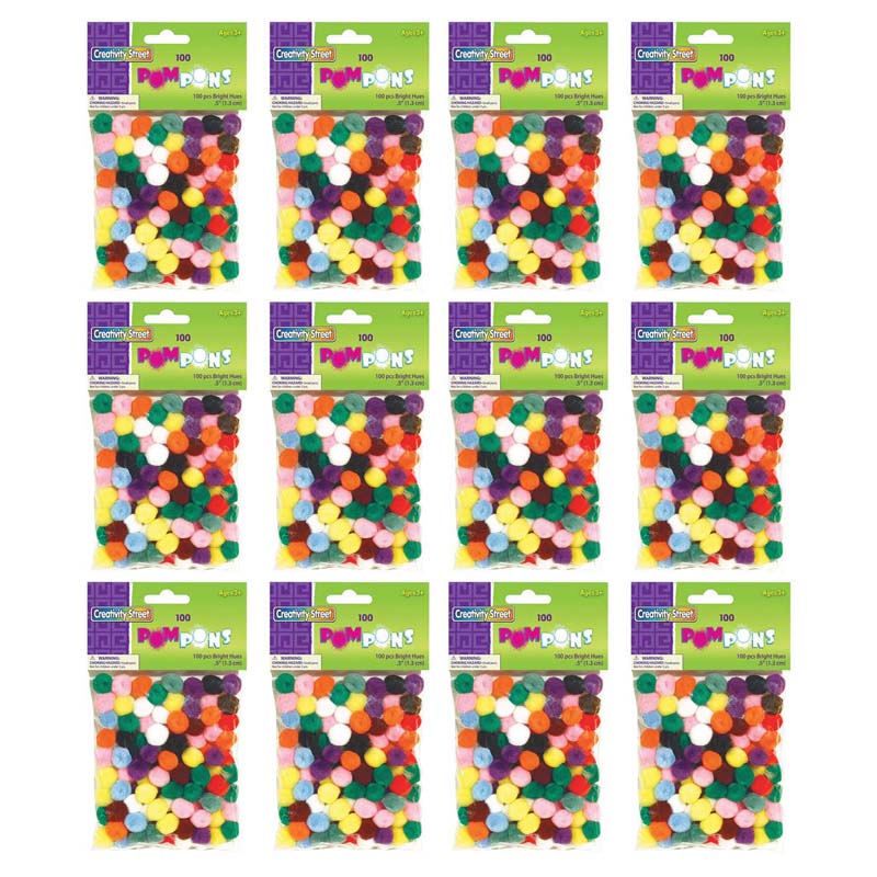 Pom Pons, Bright Hues Assortment, 0.5", 100 Pieces Per Pack, 12 Packs