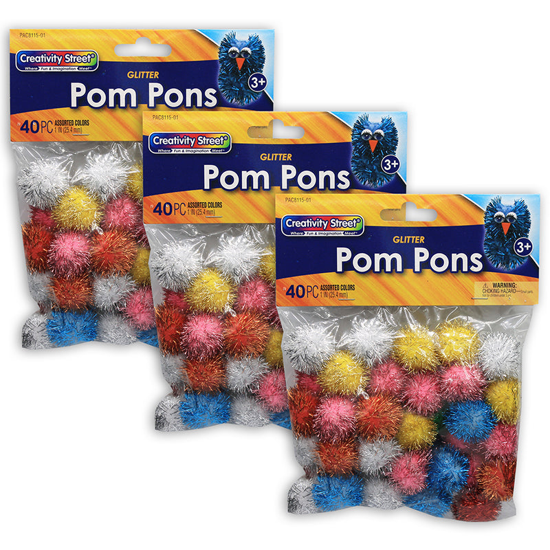 Glitter Pom Pons, Assorted Colors, 1", 40 Pieces Per Pack, 3 Pack