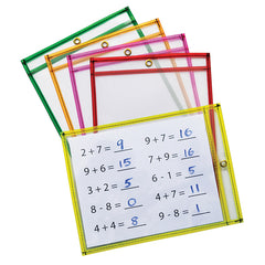 Dry Erase Pockets, 5 Assorted Neon Colors, 9" x 12", 10 Pockets