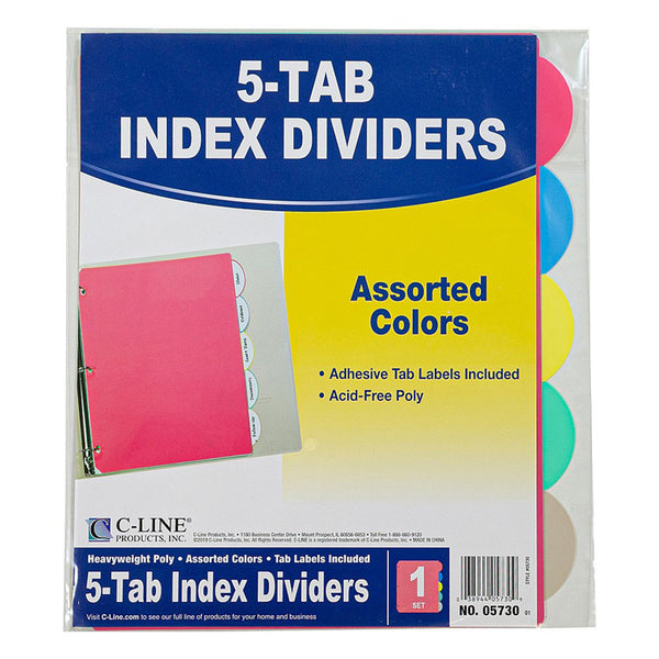 5-Tab Poly Index Dividers w/Slant Pocket, Asstd Colors