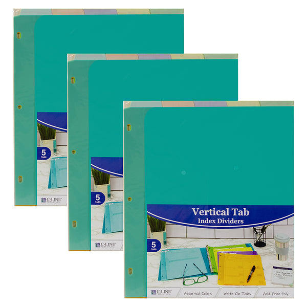 5-Tab Index Dividers with Vertical Tab, Bright Color Assortment, 8-1/2 x 11, 3 Sets