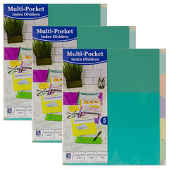 5-Tab Index Dividers with Multi-Pockets, Bright Color Assortment, 8-1/2 x 11, 3 Sets