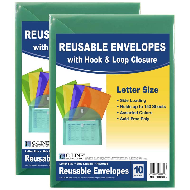 XL Reusable Envelopes, Hook and Loop Closure, 8 1/2 x 11, Assorted Colors, 10 Per Pack, 2 Packs