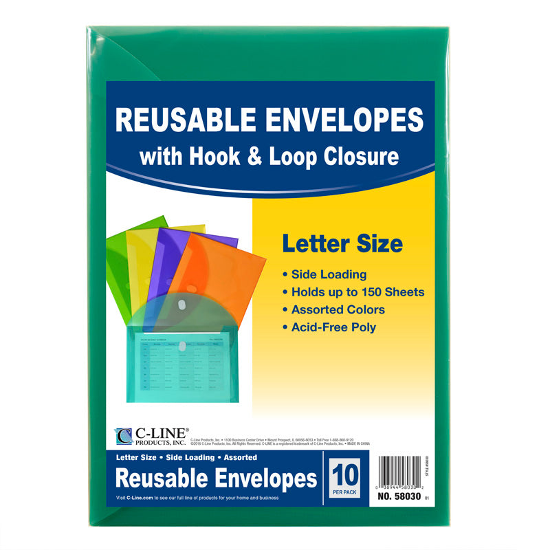 XL Reusable Envelopes, Hook and Loop Closure, 8 1/2 x 11, Assorted Colors, Pack of 10