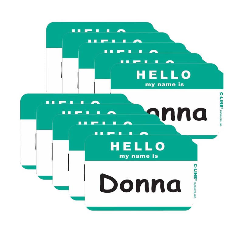 Self-Adhesive Name Badges, Hello, Green, 100 Per Pack, 10 Packs