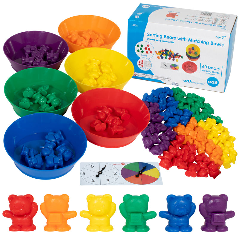 Sorting Bears with Matching Bowls - Early Math Manipulatives - 68pc Set - 60 Bear Counters, 6 Bowls & 2 Game Spinners - Home Learning