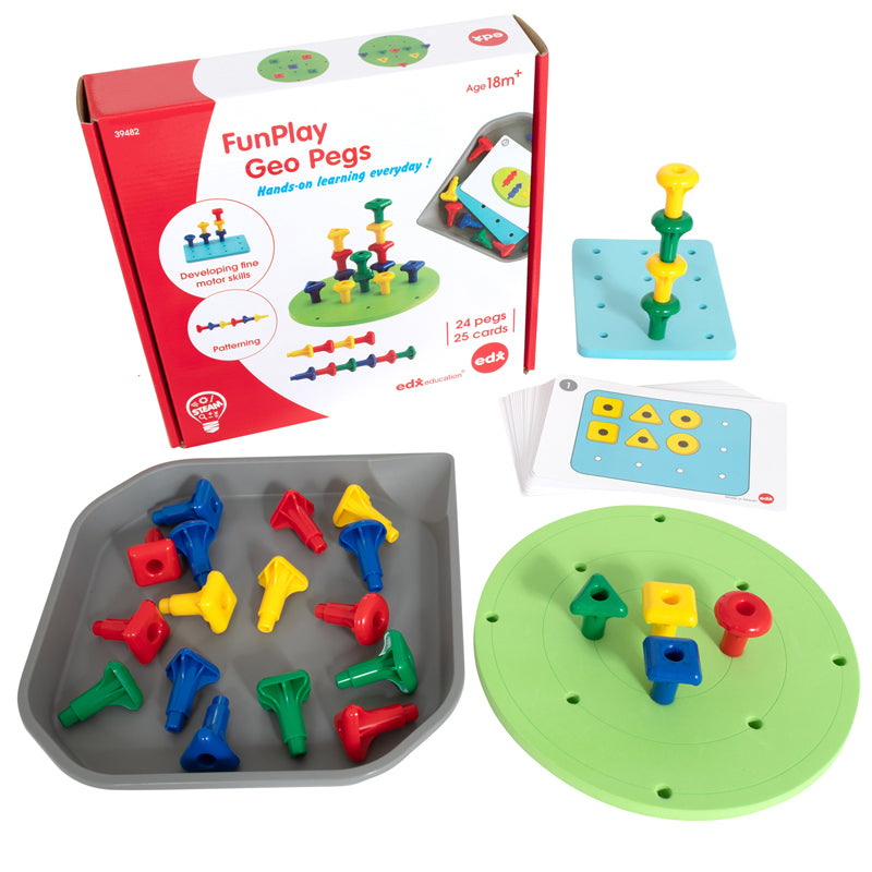 FunPlay Geo Pegs - Homeschool Kit for Toddlers - 18m+ - 24 Plastic Pegs + 2 Pegboards + 50 Activities + Messy Tray