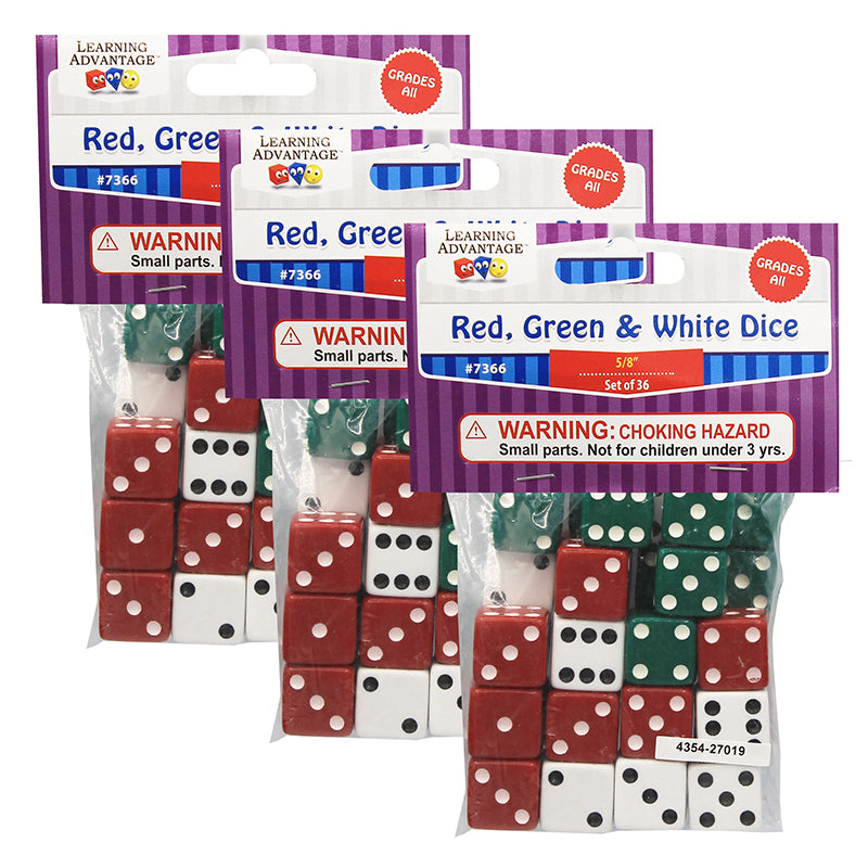 Red, Green & White Dot Dice, 36 Per Pack, 3 Packs