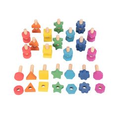 Rainbow Wooden Nuts & Bolts - Set of 21 Pairs - 7 Shapes and Colors - For Ages 12m+ - Loose Parts Wooden Toys for Toddlers and Preschoolers