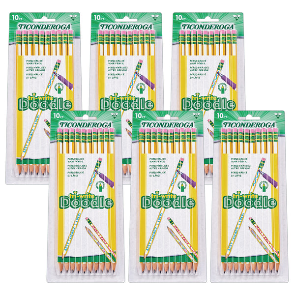 Tri-Write® Doodle® Wood-Cased Graphite Pencils, #2 HB Soft, Pre-Sharpened, Yellow/White, 10 Per Pack, 6 Packs