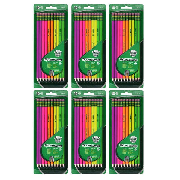 Premium Neon Wood No. 2 Pencils with Eraser, 10 Per Pack, 6 Packs