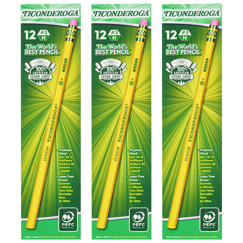 Original Ticonderoga® Pencils, No. 3 Hard Yellow, Unsharpened, 12 Per Box, 3 Boxes