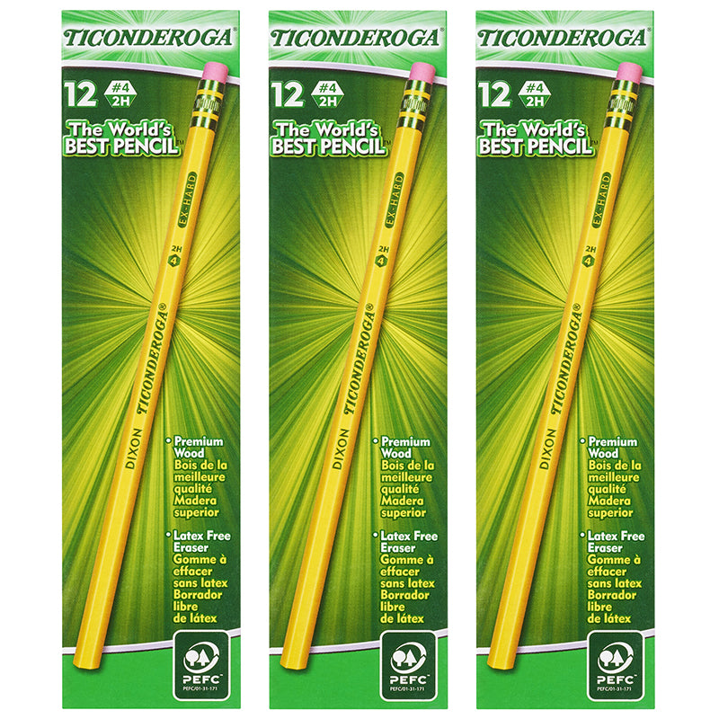 Original Ticonderoga® Pencils, No. 4 Extra Hard Yellow, Unsharpened, 12 Per Box, 3 Boxes