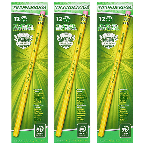 Original Ticonderoga® Pencils, No. 2-1/2 Medium Yellow, Unsharpened, 12 Per Box, 3 Boxes