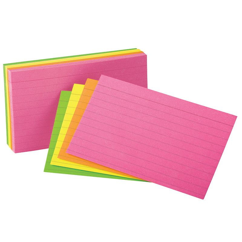 Neon Index Cards, 4" x 6", Ruled, Assorted Colors, Pack of 100