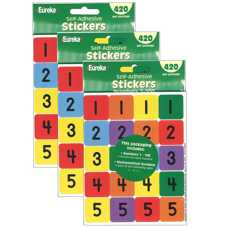 Numbers 1-100 Assorted Theme Stickers, 420 Per Pack, 3 Packs