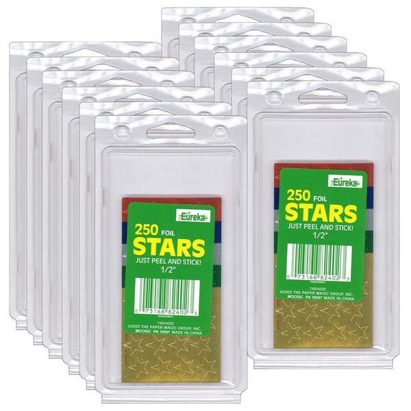 Presto-Stick Foil Star Stickers, 1/2", Assorted Colors, 250 Per Pack, 12 Packs