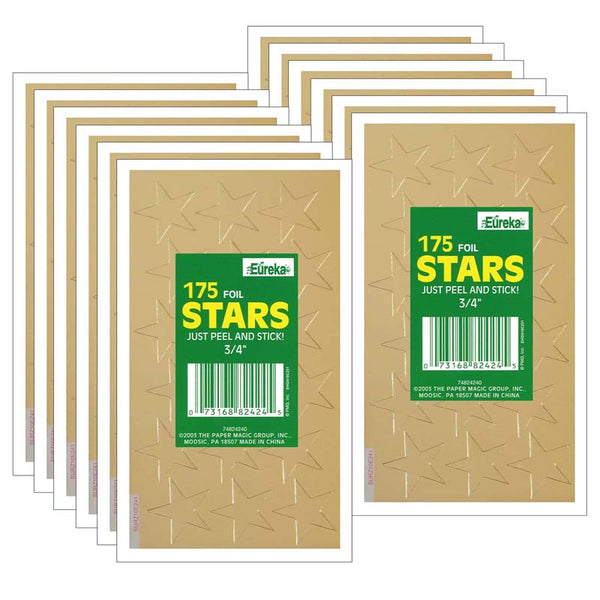 Presto-Stick Foil Star Stickers, 3/4", Gold, 175 Per Pack, 12 Packs