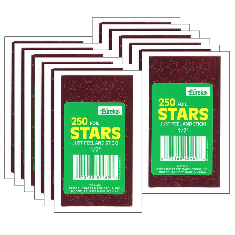 Presto-Stick Foil Star Stickers, 1/2", Red, 250 Per Pack, 12 Packs