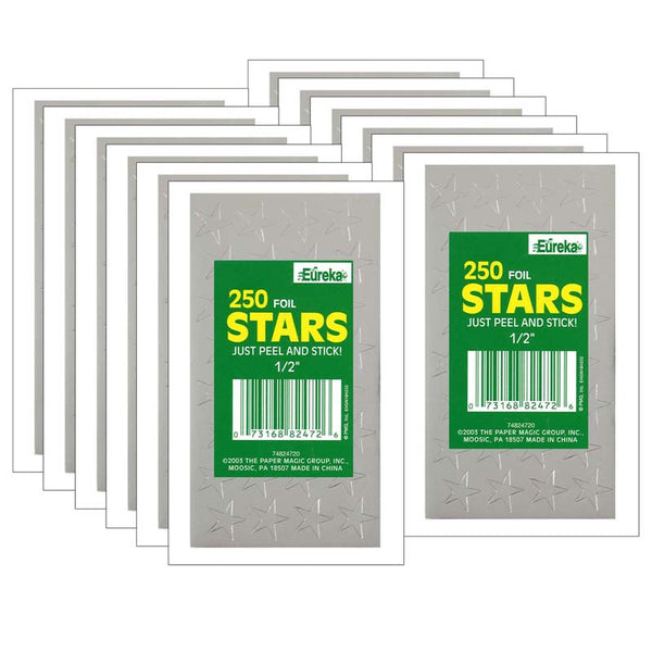 Presto-Stick Foil Star Stickers, 1/2", Silver, 250 Per Pack, 12 Packs