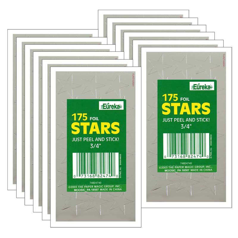 Presto-Stick Foil Star Stickers, 3/4", Silver, 175 Per Pack, 12 Packs