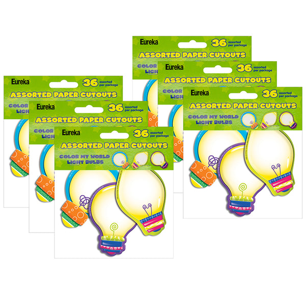 Color My World Light Bulbs Assorted Paper Cut Outs, 36 Per Pack, 6 Packs